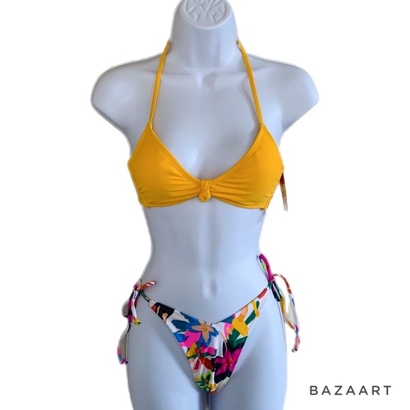Xhilaration Yellow Bralette Bikini Top & Floral String Bikini Bottom - Picture 2 of 8